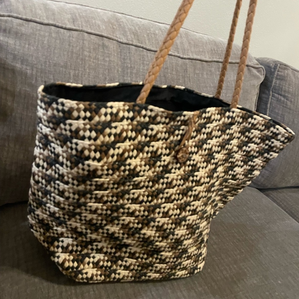 Stylish Woven Tote Bag - Brown, Cream and Black